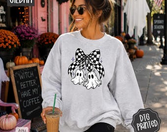 Gothic Checkered Bow T-Shirt, Dark Academia Hoodie, Spooky Halloween Sweatshirt, Pastel Goth Tee, Halloween Gift for Her