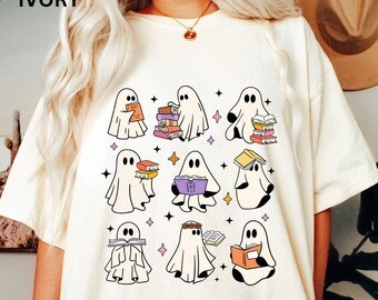 Cute Ghost Reading Books Shirt, Bookish Halloween Sweatshirt, Teacher Librarian Halloween Gift, Halloween Book Lover, Halloween School