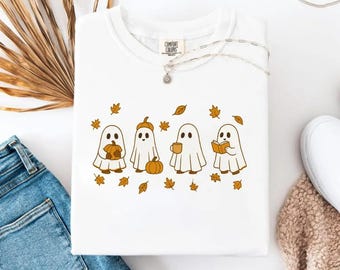 Cute Ghost In Leaves Shirt, Retro Halloween Shirt, Spooky Season Hoodie, Autumn Pumpkin Sweatshirt, Ghostcore Tee