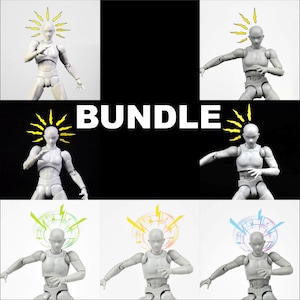 May include: A bundle of six action figures with different poses and yellow lightning bolt designs on their heads. The figures are all gray and have a realistic human anatomy. The word "BUNDLE" is written in white letters on a black background.