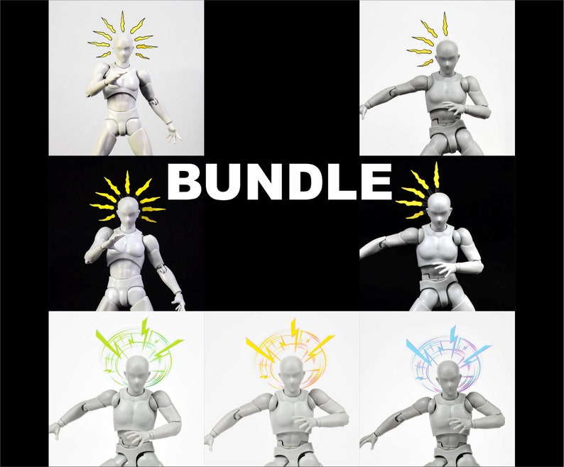 May include: A bundle of six action figures with different poses and yellow lightning bolt designs on their heads. The figures are all gray and have a realistic human anatomy. The word "BUNDLE" is written in white letters on a black background.