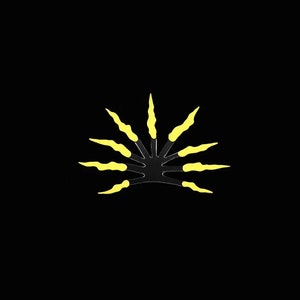 May include: A black hair comb with yellow teeth. The comb is shaped like a sun with 12 teeth.