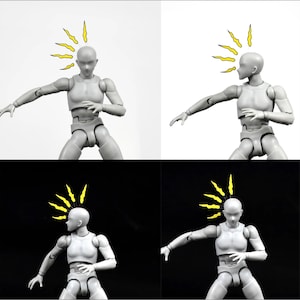 May include: Four gray action figures with yellow lightning bolt designs on their heads. The figures are posed in a dynamic fighting stance.