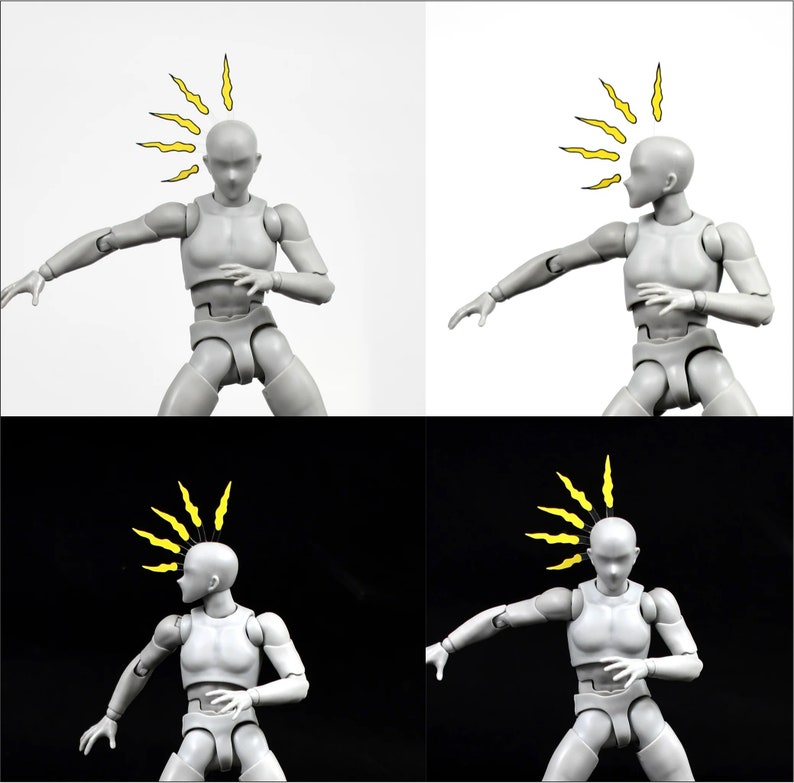 May include: Four gray action figures with yellow lightning bolt designs on their heads. The figures are posed in a dynamic fighting stance.