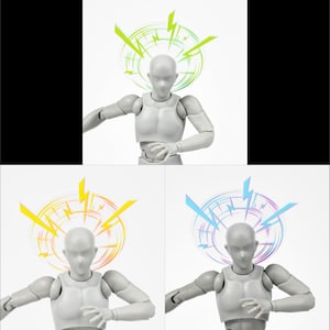 May include: A gray action figure with a translucent blue, yellow, and green lightning bolt design above its head.