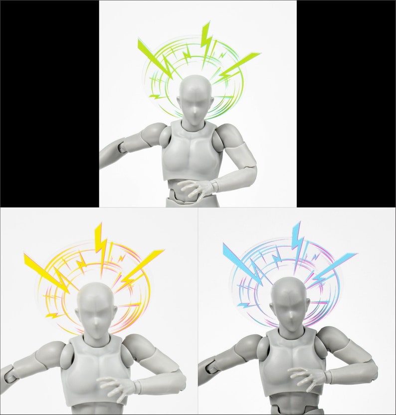 May include: A gray action figure with a translucent blue, yellow, and green lightning bolt design above its head.