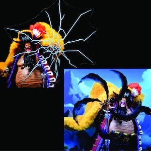 Puede incluir: Figura de acción detallada de un personaje con sombrero de pirata negro, abrigo forrado de piel amarilla y torso a rayas. La figura tiene una larga barba negra y posa con la boca abierta. Un rayo gráfico está superpuesto.