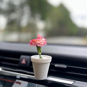 May include: A small white pot with a pink and white carnation flower inside. The pot is sitting on the dashboard of a car.