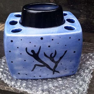 Afrocentic Hand Painted Blue and Black White Earthenware Ceramic Toothbrush Holder OOAK image 1