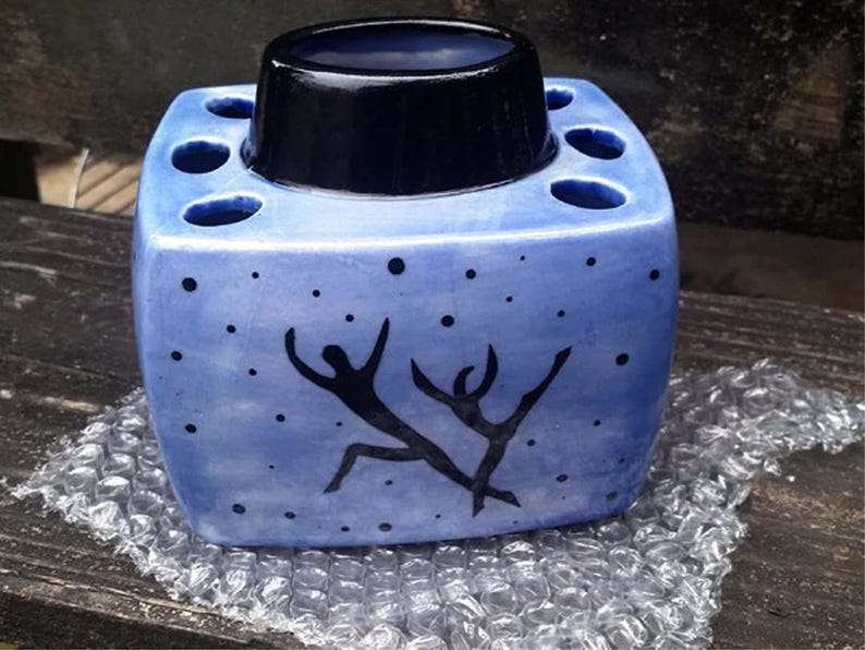 Afrocentic Hand Painted Blue and Black White Earthenware Ceramic Toothbrush Holder OOAK image 1