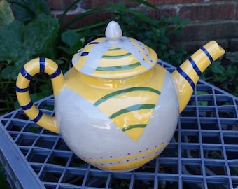 1 Hand Painted Gray Earthenware Ceramic Teapot OOAK