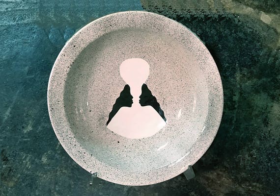 White Earthenware OOAK Afrocentric Sister Design Bowl and Clear Acrylic Stand