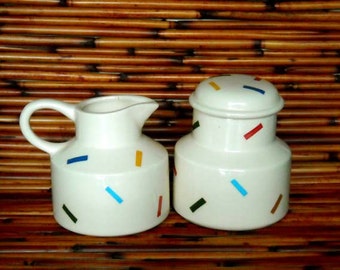 White Earthenware Ceramic Hand Made African Queen Design Sugar Bowl and Creamer Set