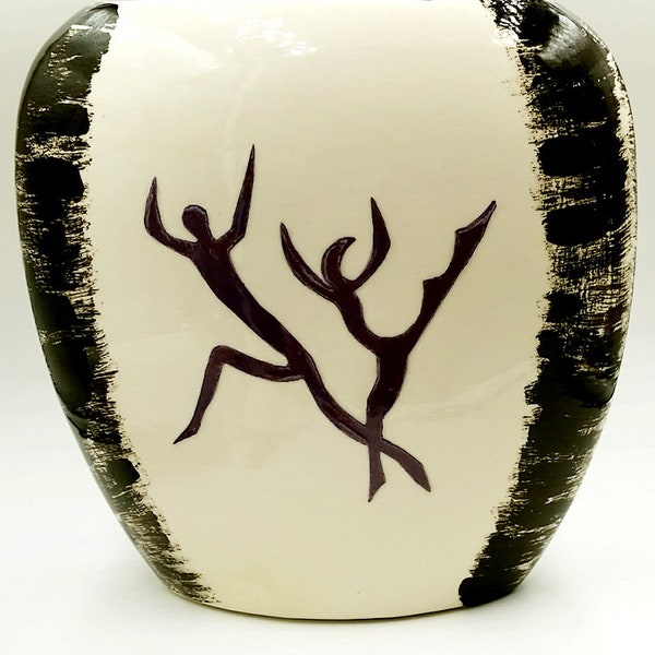 White Pillow Vase with Dancers Hand Poured Hand Designed Earthenware Ceramics