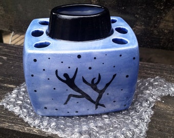 Afrocentic Hand Painted Blue and Black White Earthenware Ceramic Toothbrush Holder OOAK