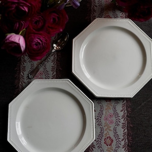 RARE-Set of 2 Antique Octagonal Dessert Plates in Iron Earth &quot;Perle&quot; - Creil and Montereau - Antique plates - French dish