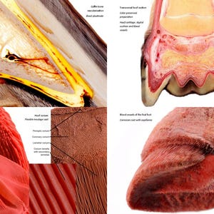 May include: A close-up view of a horse hoof cross-section, showing the internal anatomy and blood vessels. The image includes labels for the hoof corium, flexible modage cell, perioplic corium, coronary corium, laminar corium, and corium lamellae with secondary lamellae.