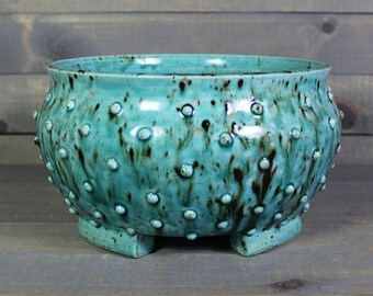 Ceramic Bonsai Planter - Succulent Pot - Grouchy Pot with Bumps - Turquoise Bonsai Pot
