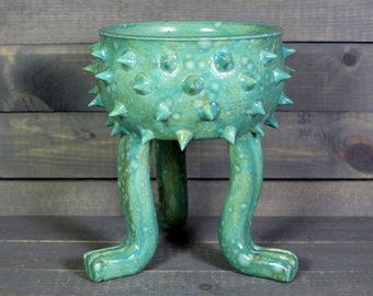 Ceramic Planter - Grouchy Planter Pot with Spikes and Sculpted Feet - Succulent Pot