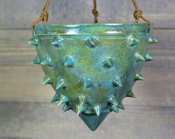Ceramic Hanging Planter - Hanging Succulent Pot - Spiked Rusty Green Hanging Planter