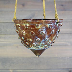 Ceramic Hanging Planter: Brown Blue Plant Pot with Bumps