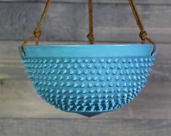 Ceramic Hanging Planter - Hanging Succulent Pot - Spiked Turquoise Hanging Planter