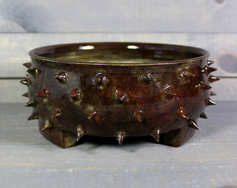 Ceramic Bonsai Pot - Rusty Red Blue Grouchy Planter Pot with Spikes - Succulent Pot