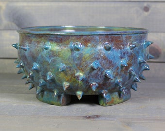 Ceramic Bonsai Planter - Rusty Blue Grouchy Planter Pot with Spikes - Succulent Pot