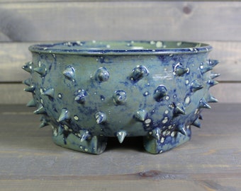 Ceramic Bonsai Pot - Blue Grouchy Planter Pot with Spikes - Succulent Pot