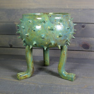 Ceramic Planter - Rusty Green - Grouchy Planter Pot with Spikes and Sculpted Feet