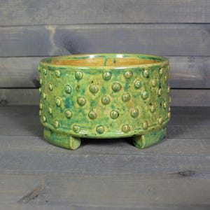 May include: A green ceramic planter with a textured, dotted surface. The planter has a wide opening and sits on three small feet. The interior is a lighter, yellowish-brown color. The exterior is a vibrant green with darker green accents.