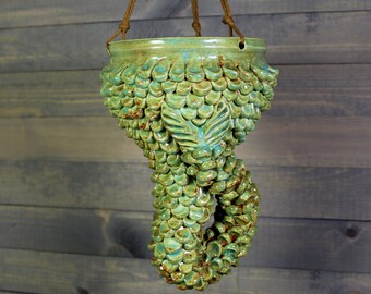 Ceramic Planter -  Mermaid Hanging Planter with Scales - Rusty Green Succulent Pot