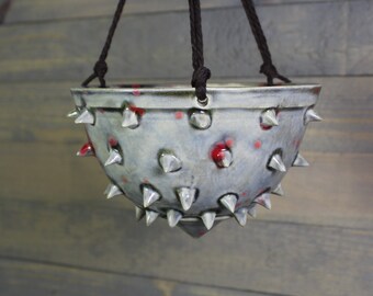 Ceramic Hanging Planter - Hanging Succulent Pot - Gray Red Spiked Hanging Planter