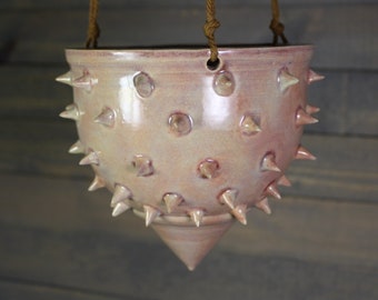 Ceramic Hanging Planter - Pink Spiked Hanging Succulent Pot - Indoor Hanging Planter