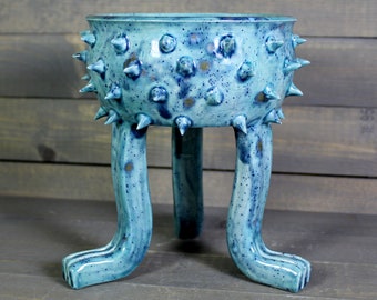 Ceramic Planter - Grouchy Planter Pot with Spikes and Sculpted Feet - Turquoise Succulent Pot