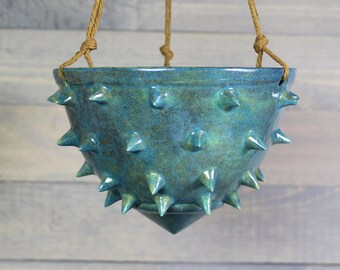Ceramic Hanging Planter - Hanging Succulent Pot - Spiked Rusty Green Hanging Planter