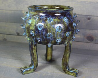 Ceramic Planter - Brown and Blue Grouchy Planter Pot with Spikes and Sculpted Feet