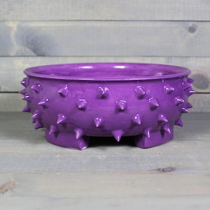 May include: Purple ceramic planter with a spiky, textured exterior and three short legs. The planter is round and has a wide opening.