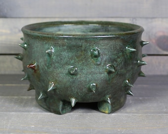 Ceramic Bonsai Planter - Small Rusty Green Grouchy Planter Pot with Spikes - Succulent Pot