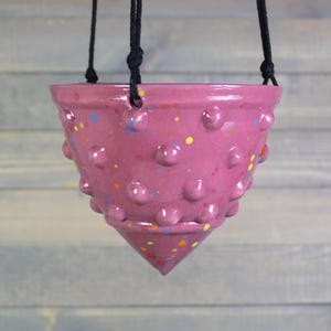 May include: A pink ceramic hanging planter with a speckled design and a series of rounded bumps. The planter is suspended by black rope. The planter has a conical bottom and is suitable for small plants.