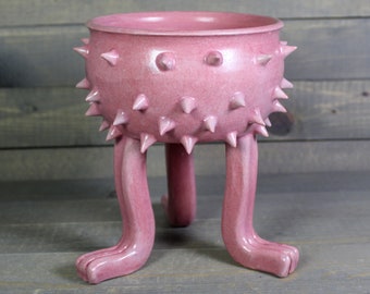 Ceramic Pot - Pink Grouchy Planter Pot with Spikes and Sculpted Feet - Spiked Succulent Planter