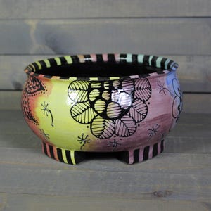 Ceramic Bonsai Planter - Rainbow Bonsai Planter Pot with Flower Doodles - Succulent Pot