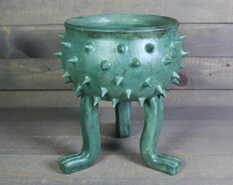 Ceramic Planter - Patina Green Planter - Grouchy Planter Pot with Spikes and Sculpted Feet