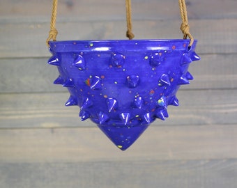 Ceramic Hanging Planter - Blue Spiked Hanging Succulent Pot - Hanging Planter