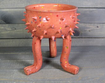 Ceramic Planter - Orange Planter - Grouchy Planter Pot with Spikes and Sculpted Feet