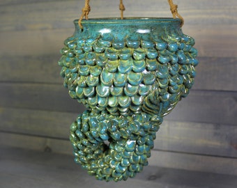 Ceramic Planter - Green Mermaid Hanging Planter with Scales - Succulent Pot