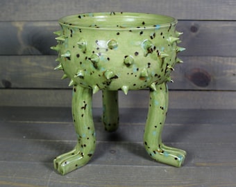 Succulent Pot - Green Spiked Planter - Grouchy Pot with Spikes and Sculpted Feet - Spiked Succulent Planter