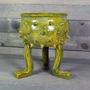 May include: A green ceramic planter with a spiky, textured exterior and three legs. The planter has a rounded shape and a wide opening.