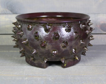 Ceramic Bonsai Pot - Maroon Bronze Grouchy Planter Pot with Spikes - Succulent Pot