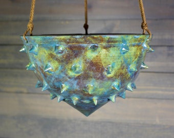 Ceramic Hanging Planter - Rusty Blue Spiked Hanging Succulent Pot - Indoor Hanging Planter